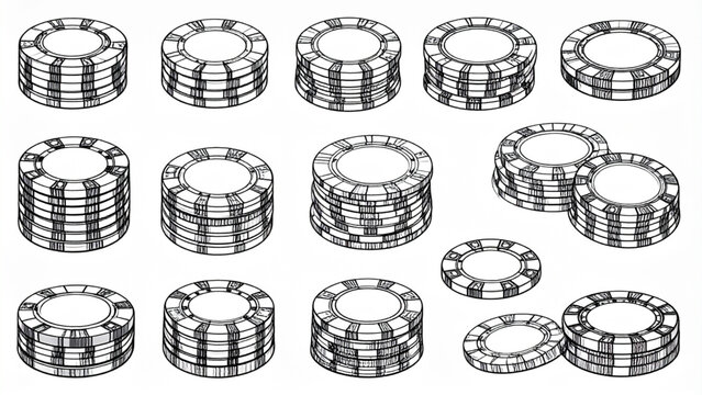 Poker Chips Line Illustration Set &ndash; Stacked and Scattered Casino Token Outline Collection