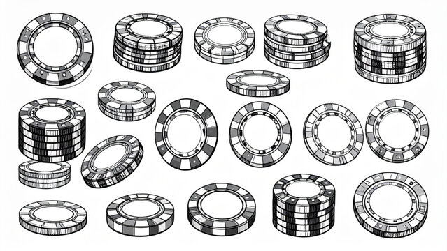 Poker Chips Line Illustration Set &ndash; Stacked and Scattered Casino Token Outline Collection