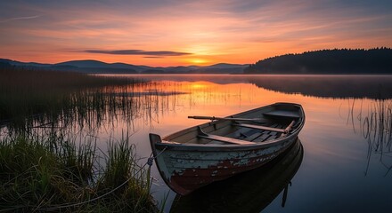 Fototapeta premium A serene boat rests on a lake at sunrise; vibrant hues illuminate the tranquil scene