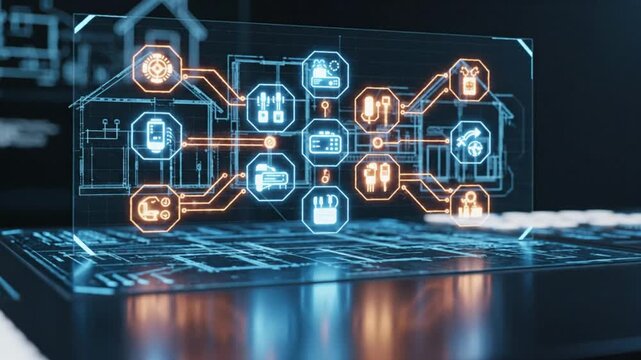 Futuristic smart home control interface with interconnected icons and blueprint design on computer screen