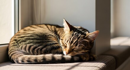sleeping tabby cat on windowsill in sunlight