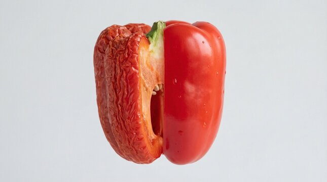 Red bell pepper showing fresh and shriveled decayed halves.
