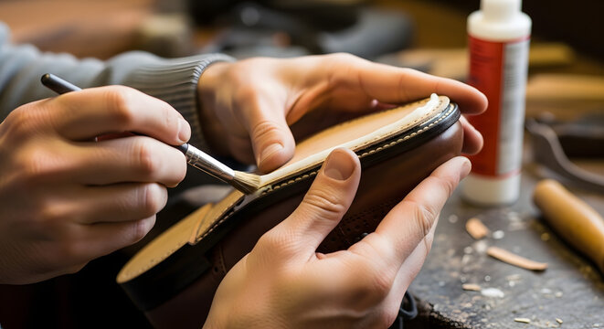 Close-up of a cobbler carefully applying glue to the sole of a shoe during a repair process