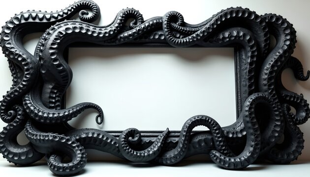 Black octopus tentacles form a unique, creepy picture frame. This ornate border holds an empty space for text or image, perfect for themed decor. Mysterious object with detailed texture.
