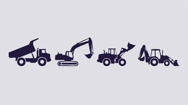 Silhouettes of diverse construction vehicles: dump truck, excavator, loader, backhoe