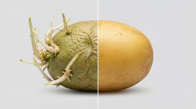 A comparison of a fresh potato and a sprouted, green, wrinkled one.