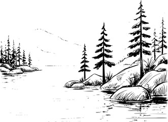 Black and white of pine trees rocky shorelines beside calm water nature © simplevector