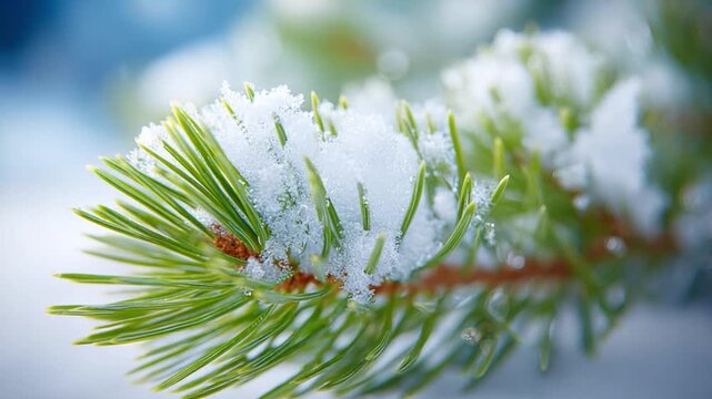 Winter's Embrace: A close-up shot of a evergreen tree branch, gracefully adorned with a dusting of fresh snow, evoking the serene and crisp beauty of the season.