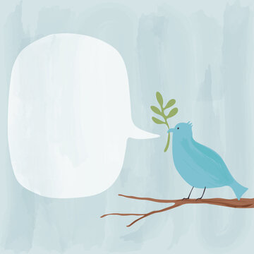 Peace dove light blue color carrying olive bouquet on the branch with blank speech bubble watercolors painted childish style square template