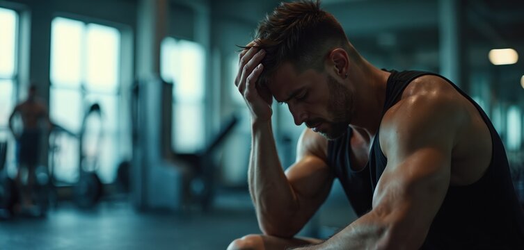 Fit man holds head in hand, looking down with despair after hard workout. Athlete sits in gym feeling exhausted, overwhelmed, possibly injured. Mental health struggle after intense exercise.