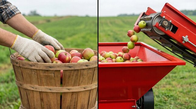 From apple harvest by hand to mechanical processing in the orchard