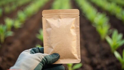 Fototapeta premium Gardener holds blank seed packet in hand wearing glove. Rows of green seedlings grow in rich dark earth. Concept for planting new crops in farm field.