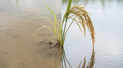Obraz premium Rice Plant Growth Stages in Paddy Field Transformation