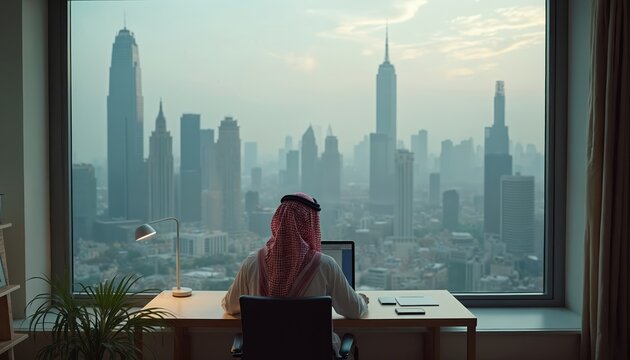 Muslim man works on laptop at desk with city skyline view. He wears traditional thawb and ghutra. Modern office setup with lamp and plants. Urban landscape seen through large window.