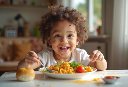A young, curly-haired child with light brown skin sits at a table, smiling broadly while eating pasta