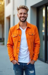 Fototapeta premium Man with orange denim jacket and blue jeans smiles. He stands outdoors with hands in pockets. Casual male model poses in city street with blurred background.