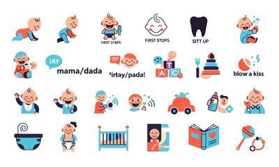Fototapeta premium Baby Milestones Icons Set – Colorful Bold Flat Vector Icons for Development Tracking