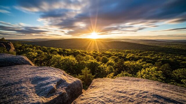 Time-lapse sunrise over a lush green forest from a rocky mountaintop showcasing natural beauty and serene landscape