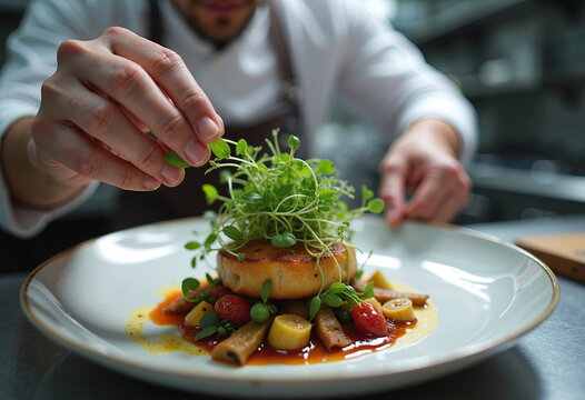 A close-up view of a chef meticulously plating a vegan gourmet dish. 