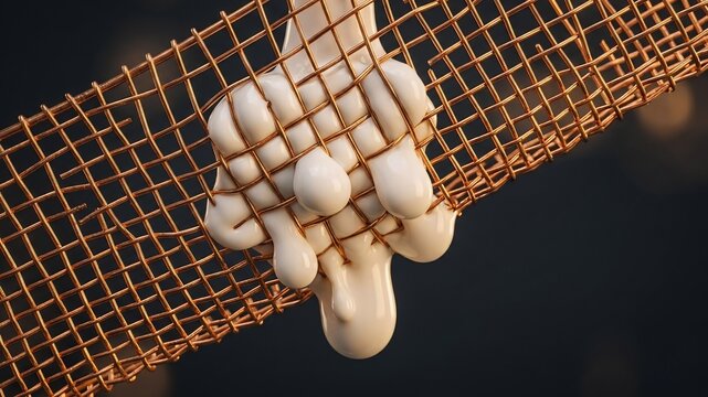 銅製のメッシュに絡まり滴る濃密な白い液体（乳液）