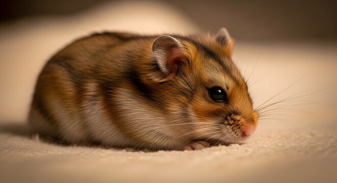 Close Up Curled Dwarf Hamster Resting On Soft Neutral Surface.