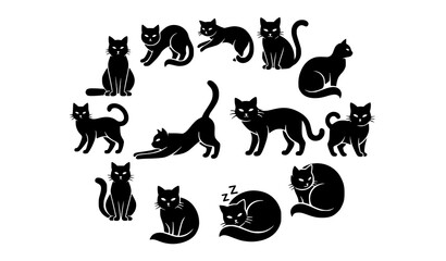 Black cat silhouette icon set with stylized feline shapes in different poses isolated on white background © MdShohagAhammad