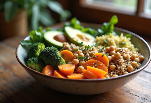 A vibrant, close-up photograph of a vegan buddha bowl filled with a variety of fresh, colorful ingredients.
