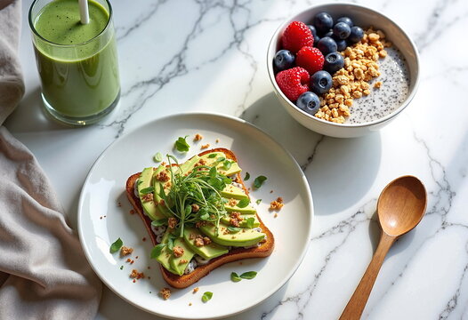 A vibrant breakfast scene featuring a green smoothie, avocado toast, and a bowl of granola with berries.