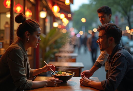 A young couple enjoys a romantic dinner at an outdoor restaurant. 