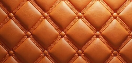 Fototapeta premium Brown orange diamond quilted texture. Stitched geometric pattern on smooth material surface. Luxury soft padding with repeating design, vintage style.
