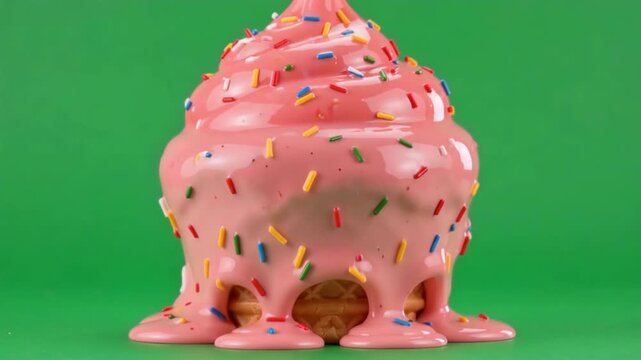 Melting pink ice cream cone, vibrant dessert with colorful sprinkles, sweet summer treat, delicious snack for hot weather.
