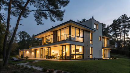 Obraz premium Modern house with large windows and lights in the evening located in a wooded area near a garden