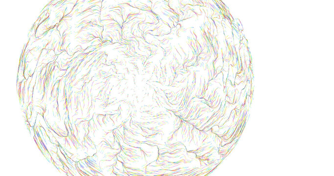 Abstract artwork featuring a sphere-shaped design with flowing lines and a colorful palet