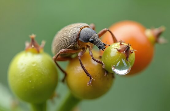 Macro shot of boll weevil insect on green plant stem with water drop. Small grey bug with proboscis sits on fruit, nature background. Wildlife closeup.