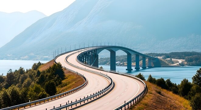 Serene coastal highway gracefully curves alongside a tranquil fjord, framed by majestic mountains, showcasing sustainable infrastructure harmonizing with the pristine Norwegian landscape.