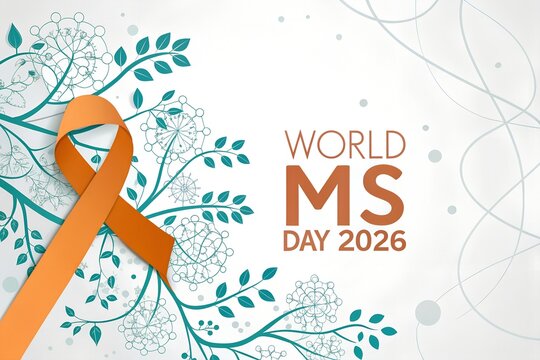 Orange awareness ribbon displayed for world multiple sclerosis day twenty twenty six featuring elegant artistic floral graphics and sophisticated typography to support patients suffering from chronic 
