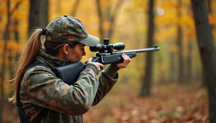Fototapeta premium Woman in camouflage aims rifle with scope in autumn woods. Focused hunter prepares for shot, ready for wildlife pursuit. Female enjoys outdoor sport, targets potential prey.