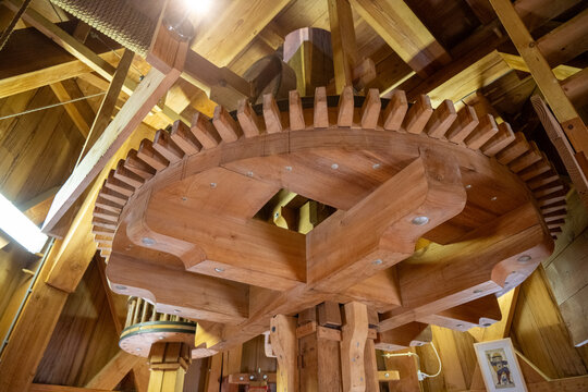 Wooden gear wheel inside Windmill De Adriaan, Haarlem