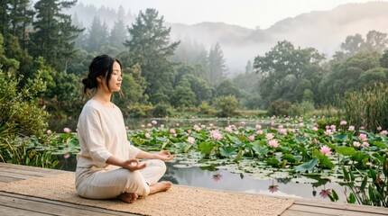 Fototapeta premium Serene woman meditating by a tranquil pond filled with blooming lotus flowers