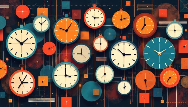 Collage of many clocks shows different time styles. Abstract art with geometric shapes, lines, and circles forms a colorful background. Various clock faces and sizes fill the composition.