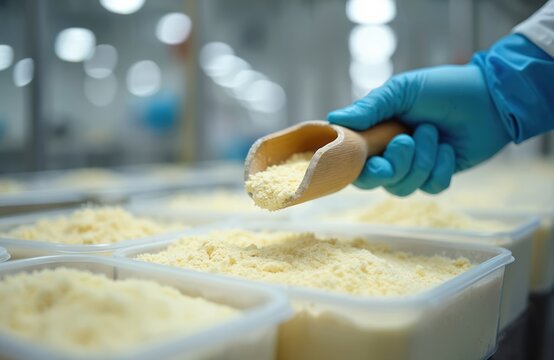 Food worker scoops dry milk powder into plastic tubs at factory. Worker wears blue gloves for hygiene, filling containers for dairy product manufacturing, supply chain process.
