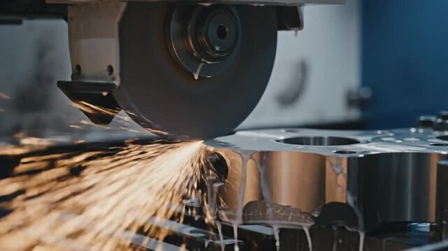 Industrial metal grinding process featuring sparks and cooling fluid on a machine shop production line.