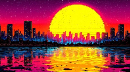 Fototapeta premium Vibrant retro synthwave city skyline at sunset with bright yellow sun and water reflection