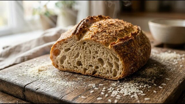 Rustic artisan sourdough bread loaf on a wooden cutting board with scattered seeds in a warm kitchen scene, ideal for bakery menus, recipe blogs, food packaging and homemade baking concepts