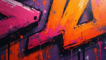 Fototapeta premium Vibrant abstract graffiti art. Bold pink and orange strokes splash across purple background. Dynamic urban texture with paint splatters and drips creates energetic modern style.