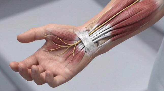 Medical close up of a wrist area showing median nerve pathway 3D