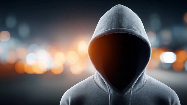 Anonymous Figure in the Shadows: An enigmatic individual shrouded in a hooded sweatshirt, their face obscured in darkness, stands against a blurred backdrop of city lights.