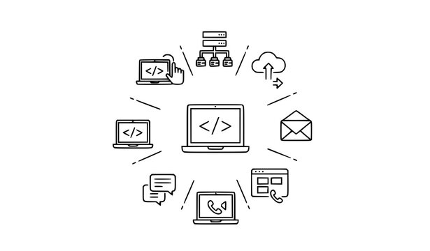 Laptop workflow outline icons vector with coding cloud data transfer and communication editable stroke set