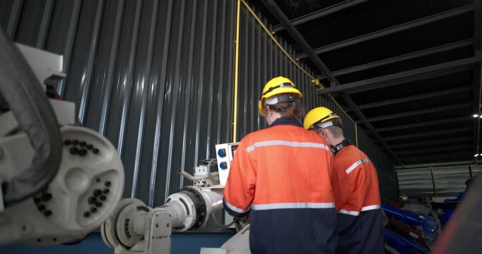 Robotic technicians use clamp meter to measure current within robotic arm. Troubleshooting process, aimed at diagnosing electrical issues, shorts, overloads, inefficiencies in electrical system.

