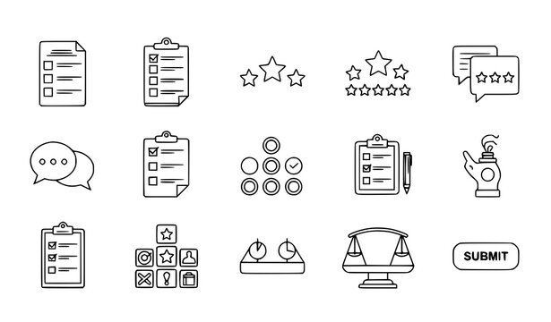 Survey feedback outline icon set vector with questionnaire rating review form editable stroke linear collection